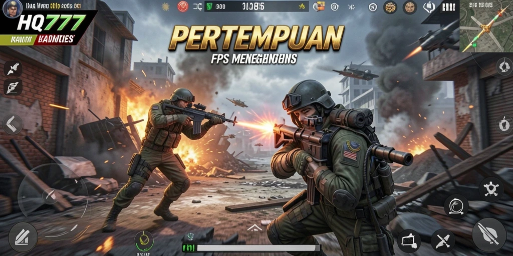 Screenshot utama HQ777 menampilkan aksi pertempuran FPS yang intens.