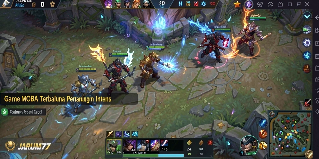 Gameplay JARUM77 yang menegangkan dalam pertarungan MOBA.