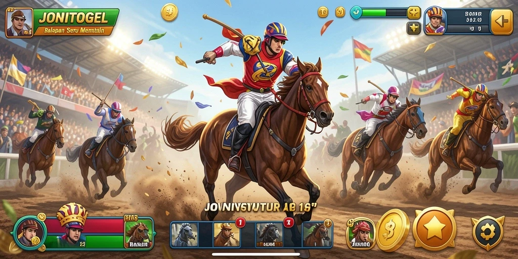 Tangkapan layar gameplay dalam JONITOGEL yang menampilkan balapan seru.