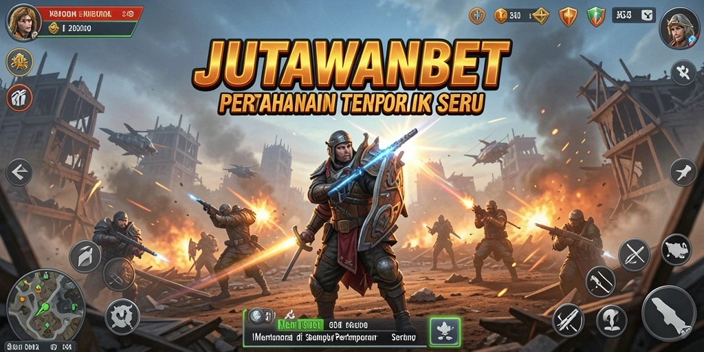 Screenshot utama JUTAWANBET menampilkan aksi menara mempertahankan wilayah dari serangan musuh.