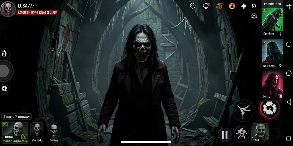 Tangkapan layar LUSA777 menunjukkan gameplay menyeramkan di lingkungan gelap.