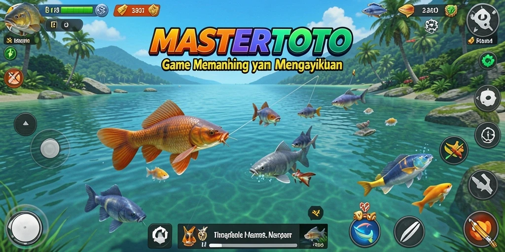 Tampilan gameplay MASTERTOTO saat memancing di lautan luas.