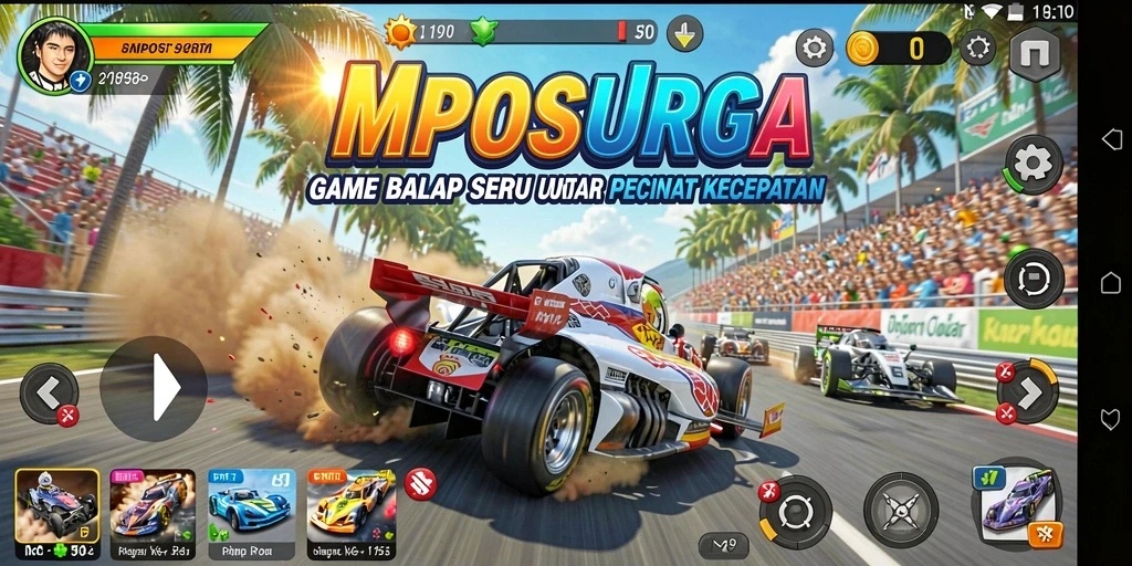 Tampilan gameplay MPOSURGA dengan mobil balap melaju kencang di trek.
