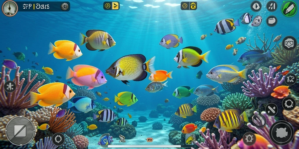 Tampilan utama gameplay PP7 dengan berbagai ikan yang menunggu untuk ditembak.