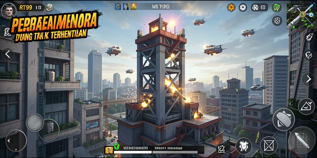 Screenshot RT99 yang menunjukkan aksi gameplay Tower Defense yang mendebarkan.